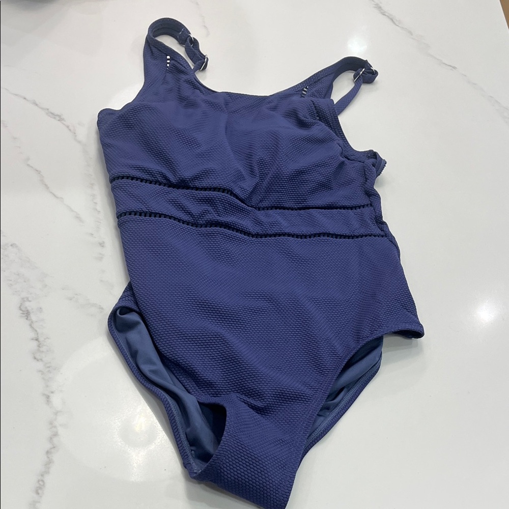 Womens high neck tummy control stylish Blue One-Piece Swimsuit